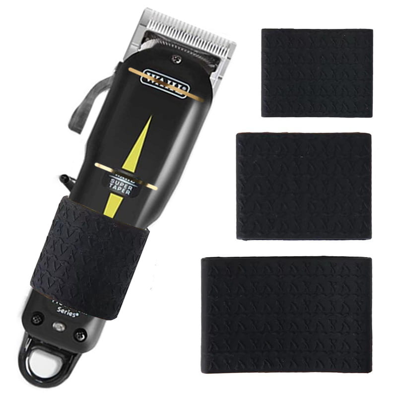 Black Wahl Super Taper electric hair clipper with gold accent detailing and anti-slip silicone hair clipper grip ring shown from the back side.