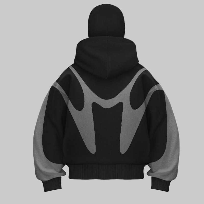 Veste zippée à capuche en noir et gris avec motif de flamme, cagoule, montrant le dos avec un design abstrait en forme de V, marqué sur le sweat à capuche.