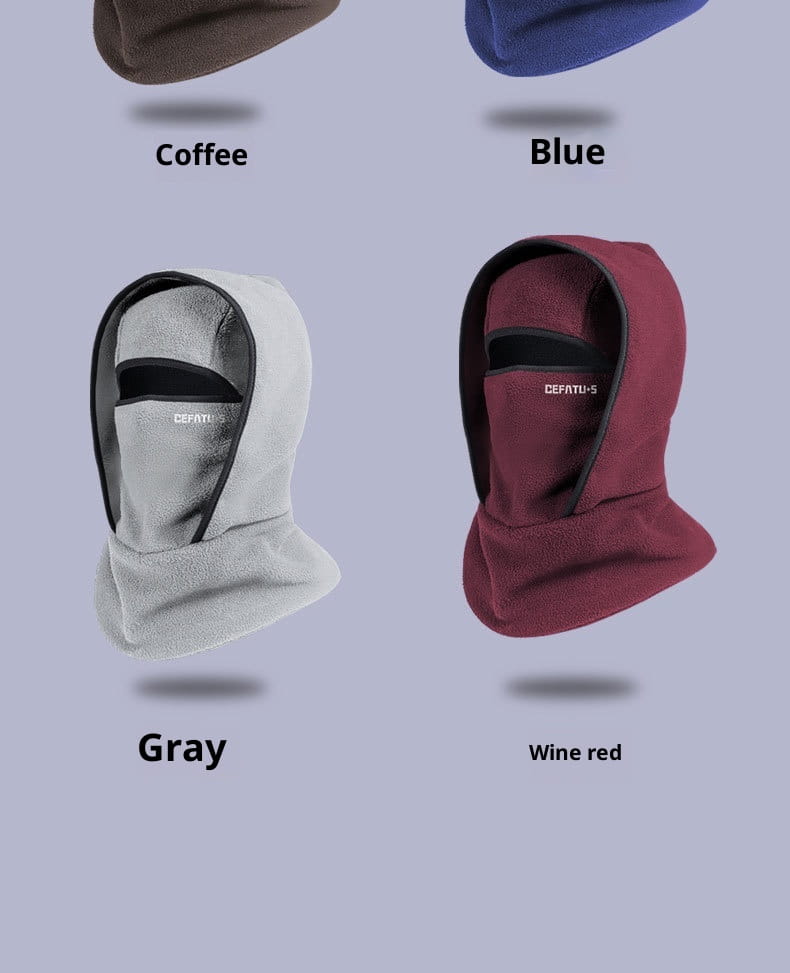 Gray fleece balaclava winter hat scarf set with black trim and a small brand logo on the chest