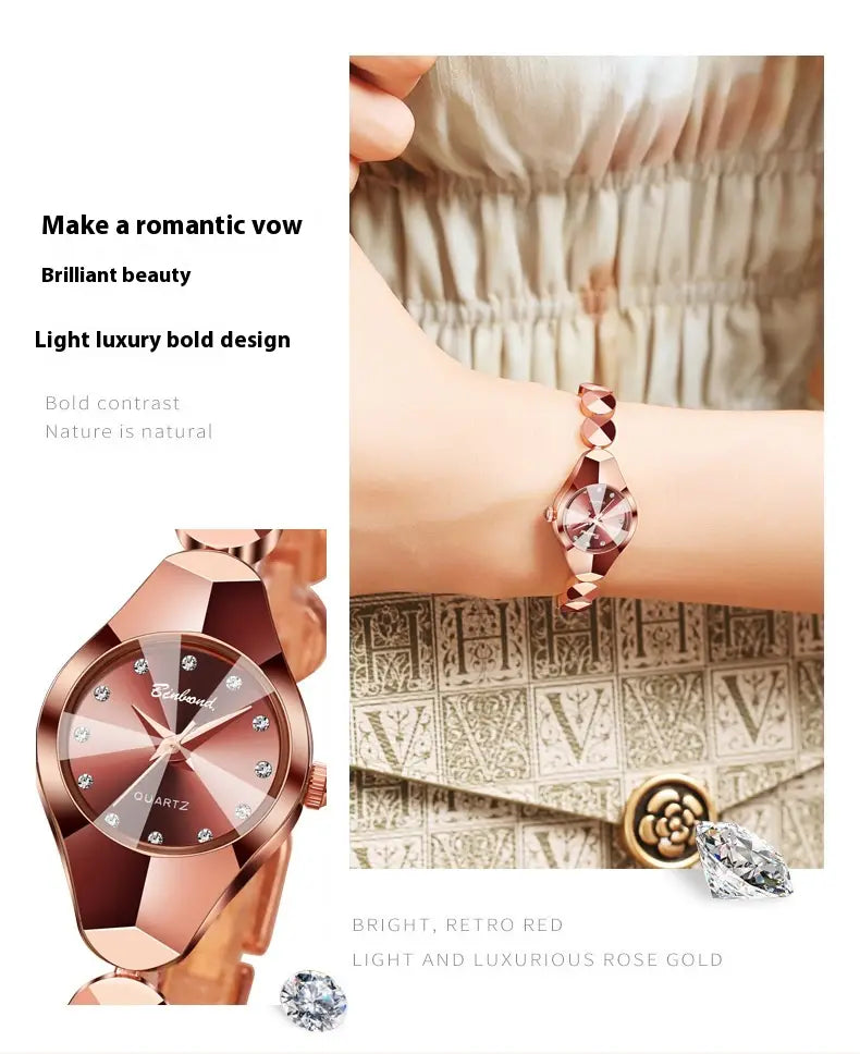 Rose gold quartz luxe geometric faceted bracelet watch with a faceted geometric case and diamond accents on the dial.