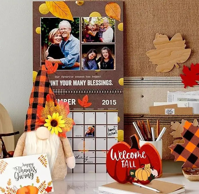 brown fall-themed calendar with photo collage and autumn leaf decorations as part of a fall tiered tray decor set featuring gnomes and lights