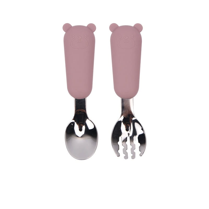 Manches en forme d’ours en silicone rose avec cuillère et fourchette en acier inoxydable, dans un ensemble de cuillère et fourchette pour bébé en acier inoxydable.