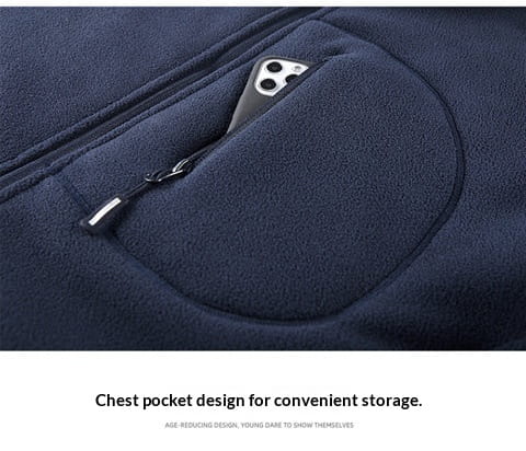Mens fleece casual multipocket winter jacket in dark navy made of soft fleece material featuring a chest pocket for convenient storage.