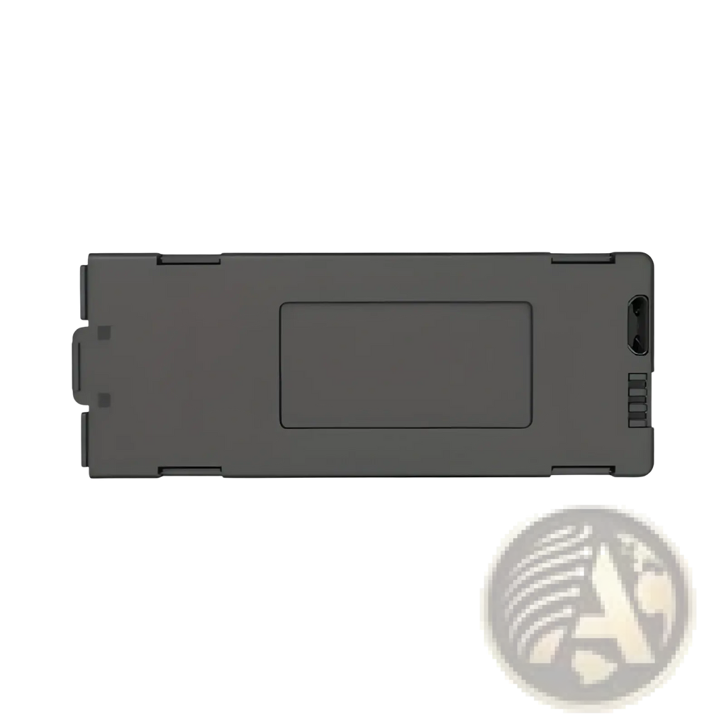 Black rectangular drone replacement battery with matte finish and integrated usb charging port on right side back view