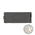 Black rectangular drone replacement battery with matte finish and integrated usb charging port on right side back view