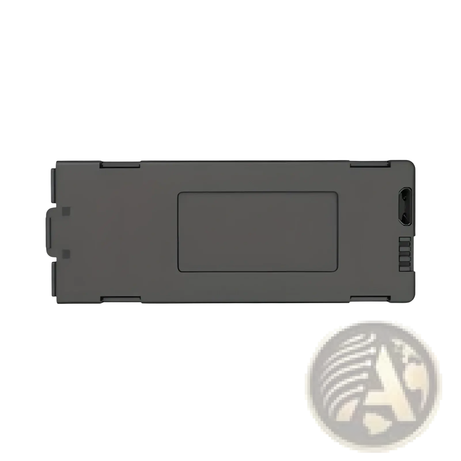 Black rectangular drone replacement battery with matte finish and integrated usb charging port on right side back view