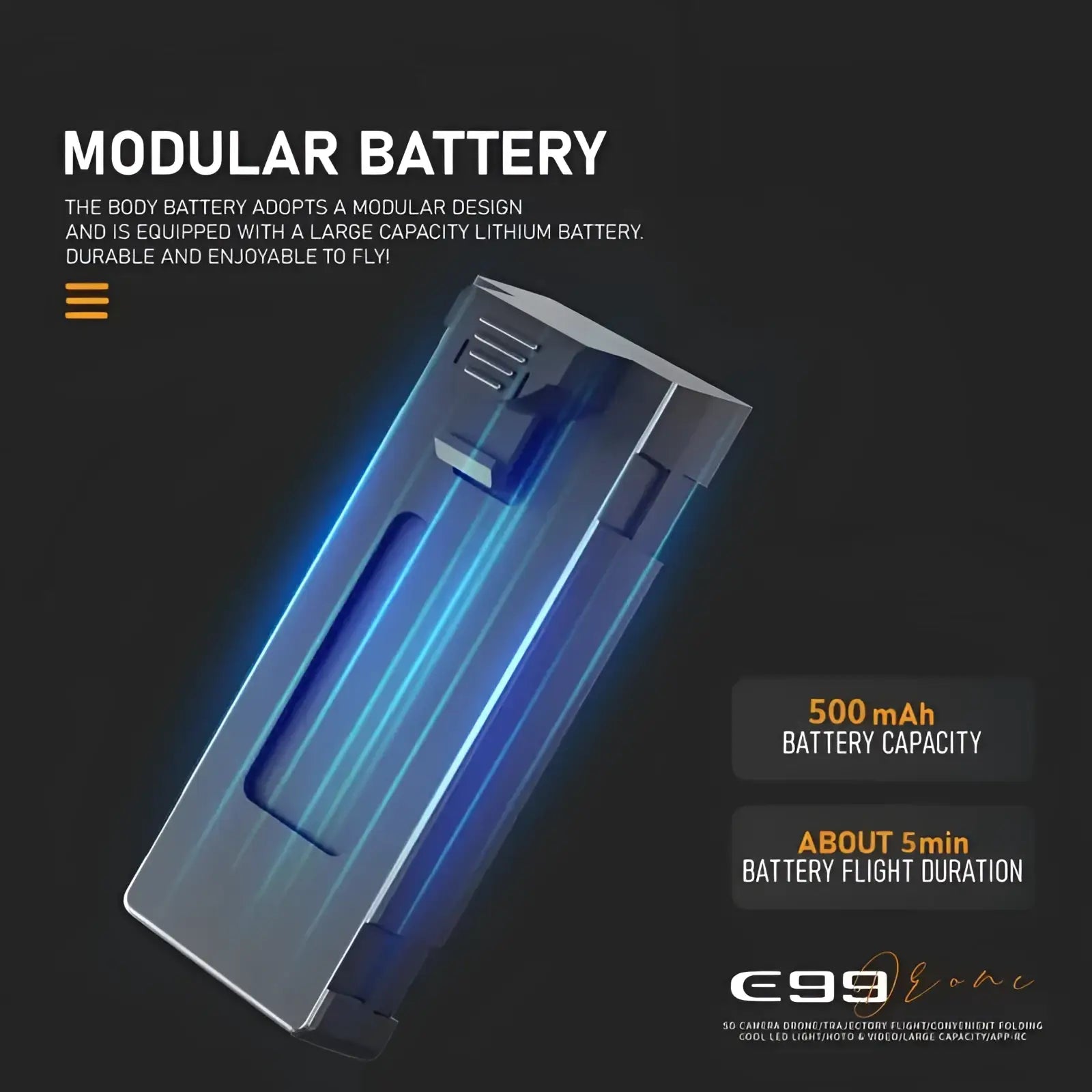A sleek translucent blue modular lithium battery with silver casing and usb port for E88 E99 drone replacement pack