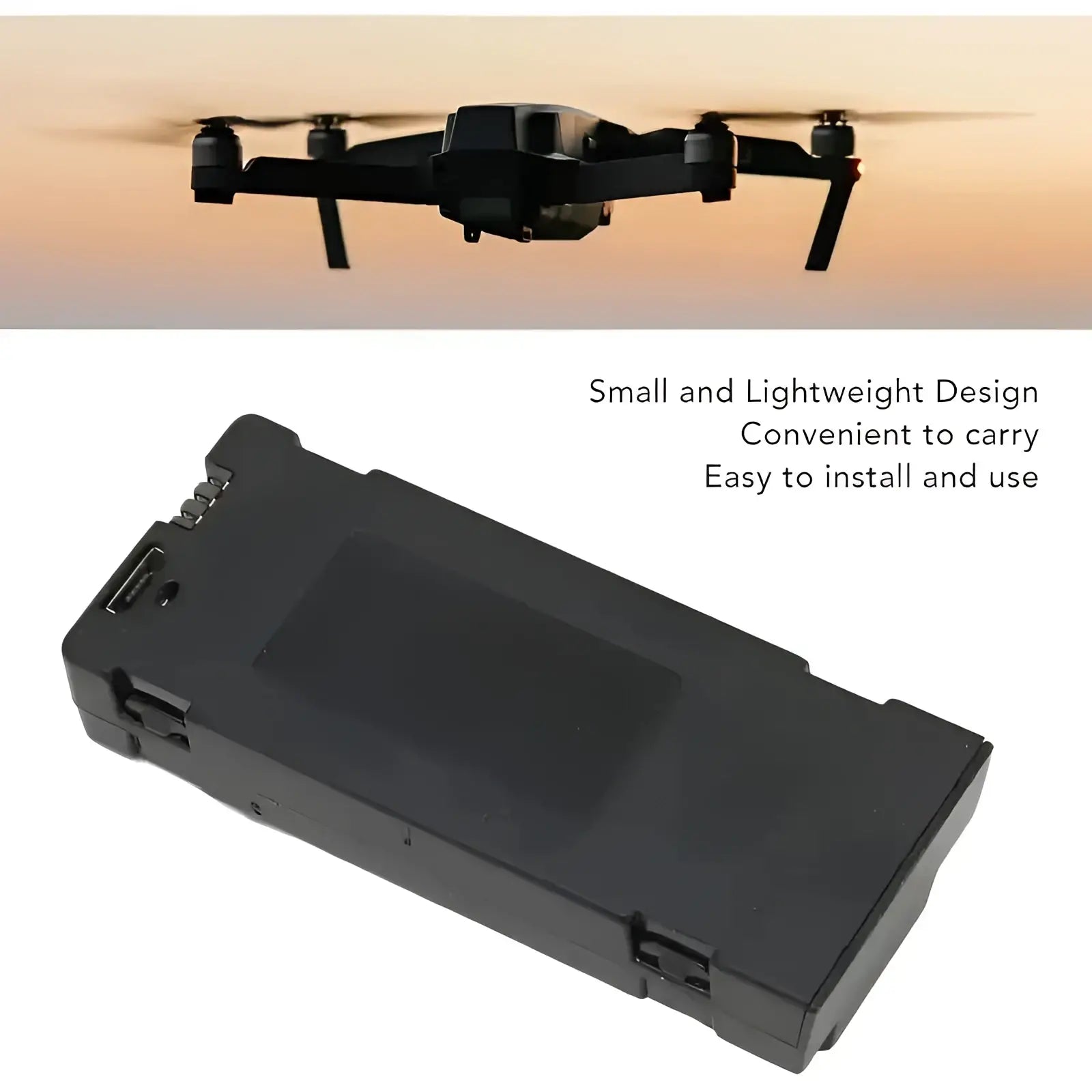 Black rectangular drone replacement battery with usb port and latch mechanism for e88 e99 models back side view