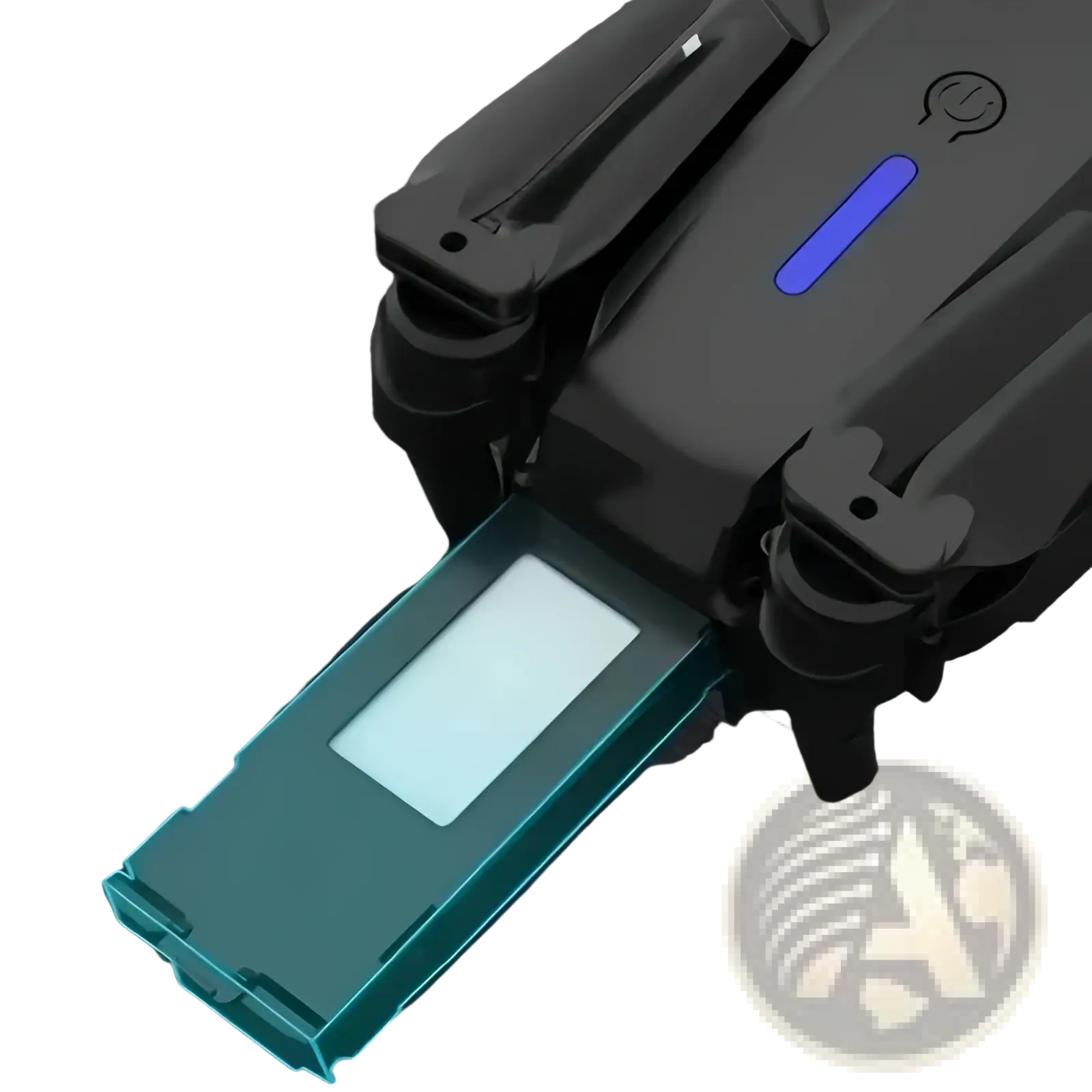 Black foldable drone with detachable teal modular battery featuring white panel and glowing blue indicator light e88 e99 replacement battery pack