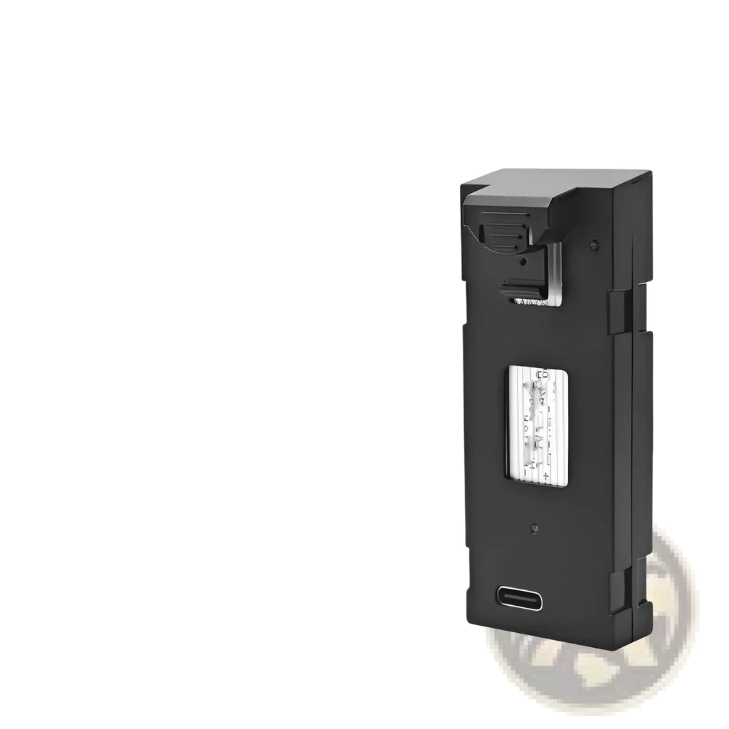Black rectangular E88 E99 drone replacement battery with silver label and usb-c port at the back side