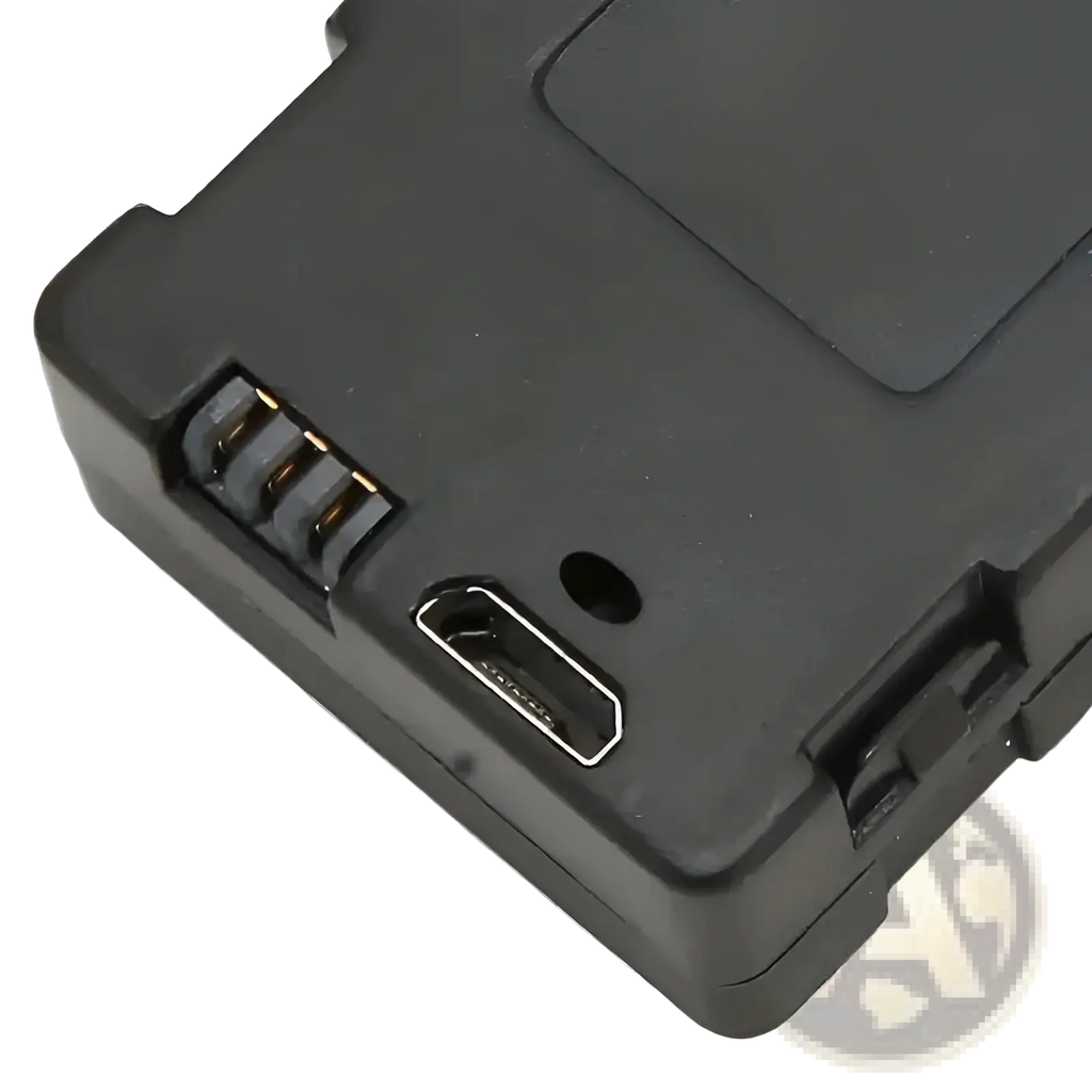 Black plastic E88 E99 drone replacement battery with usb-c port and three gold contact pins on the back side