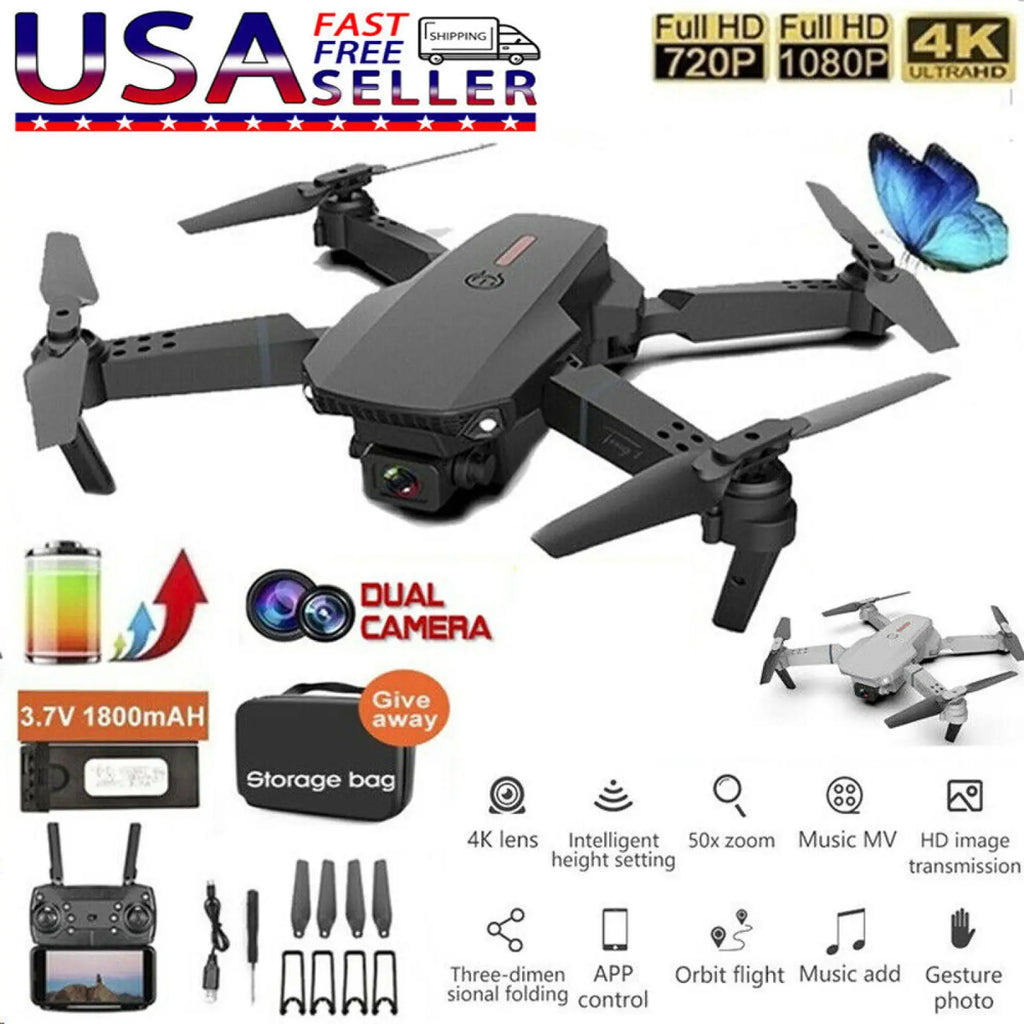 Black foldable quadcopter drone e88 pro with dual 4k cameras designed for fpv aerial videography and photography