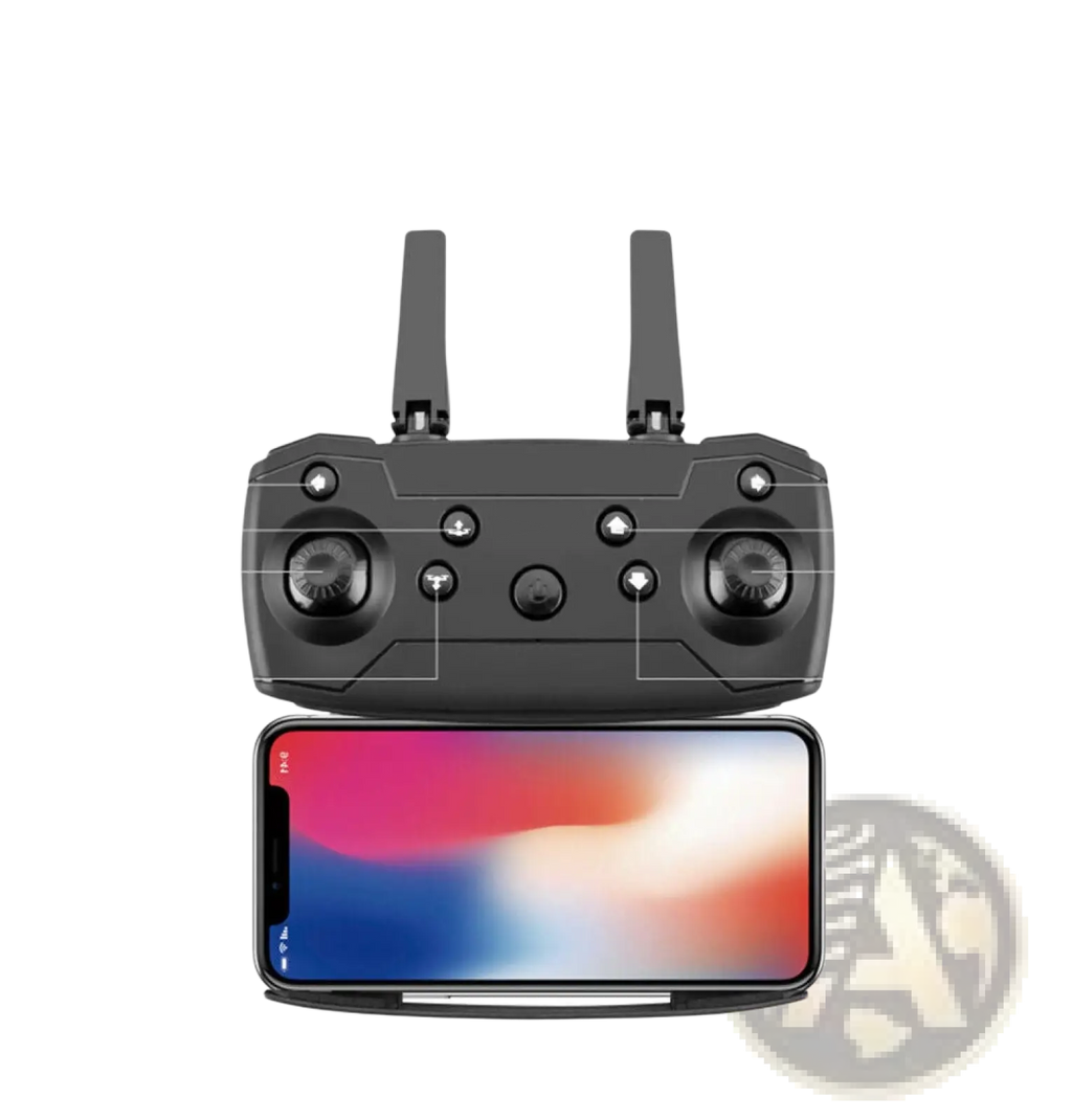 Black remote control with dual joysticks and labeled buttons for drone operation of e88 pro 4k quadcopter drone