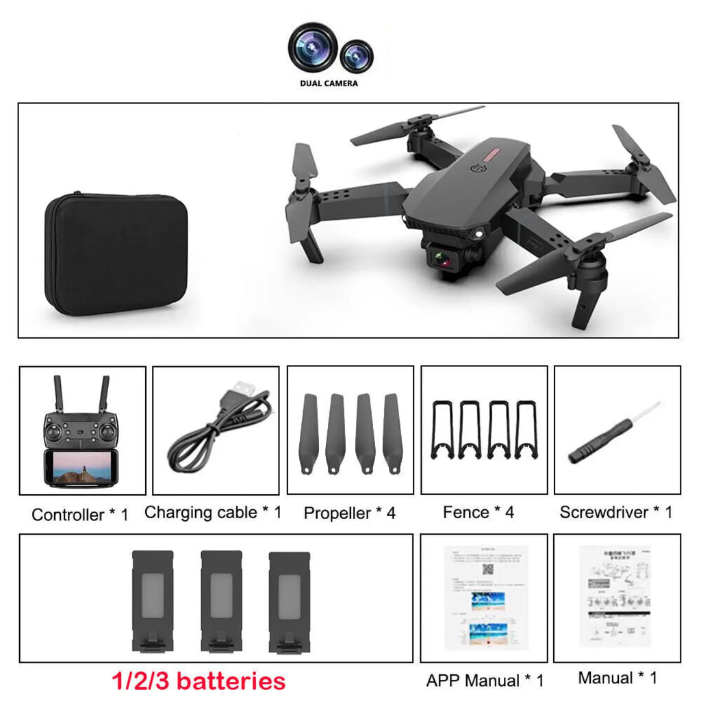 Black foldable e88 pro 4k dual camera fpv quadcopter drone showcasing dual cameras and compact design