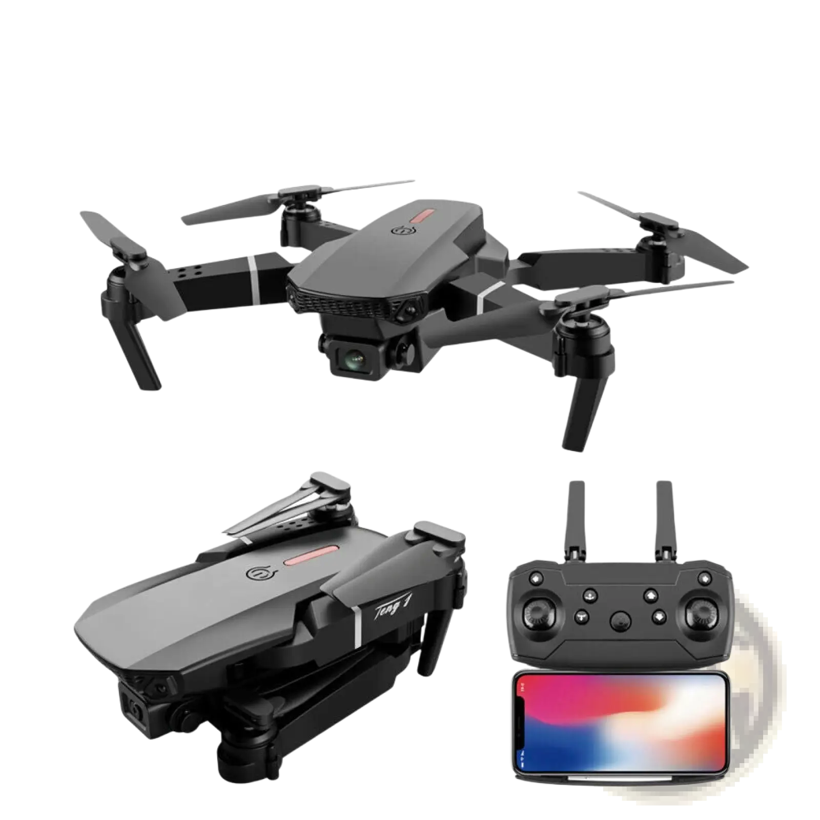 Black and gray foldable e88 pro 4k dual camera fpv quadcopter drone shown with remote control and smartphone app interface