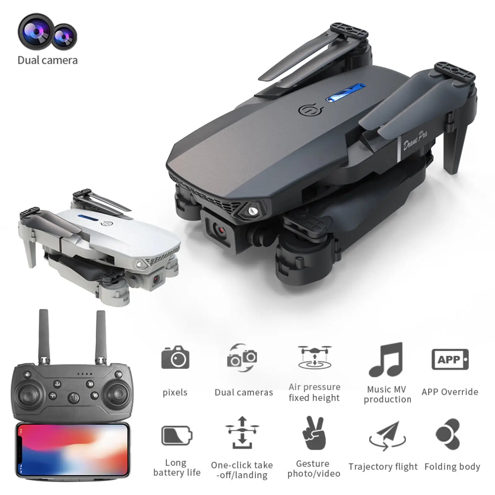 E88 pro dual camera foldable drone in black and white with matte finish and compact design shown from the back side