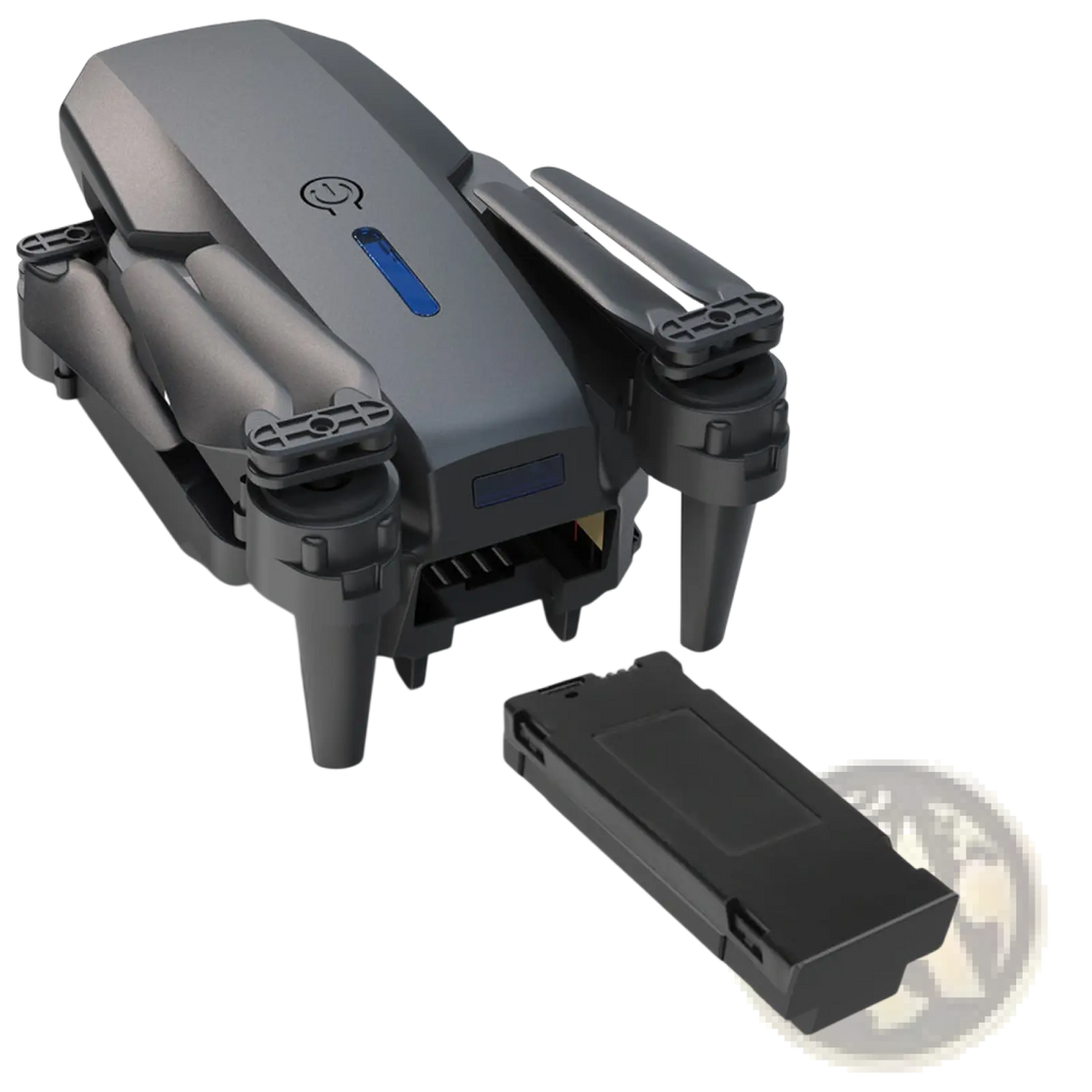 E88 Pro dual camera foldable drone in black with blue LED indicator and detachable battery shown from the back side