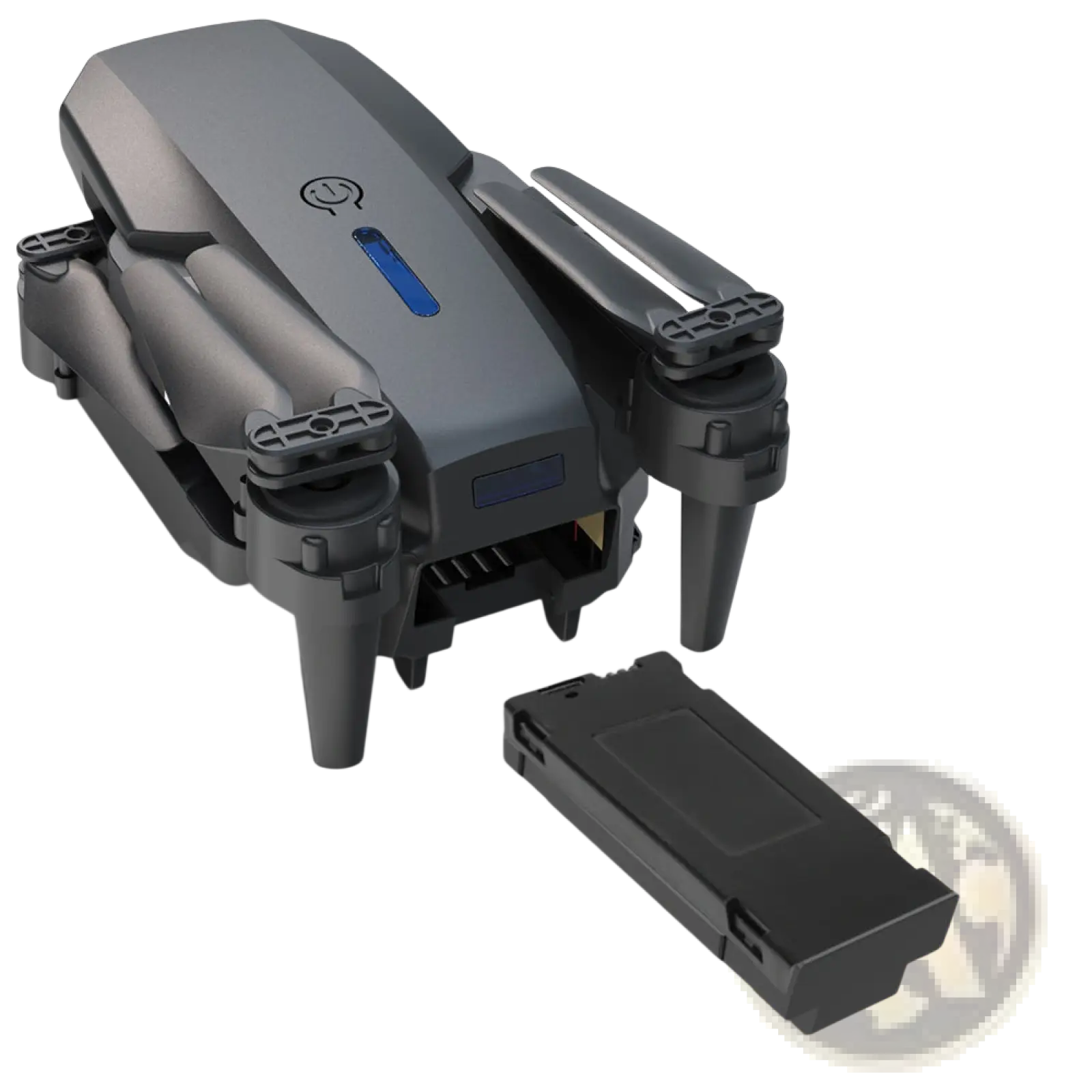 E88 Pro dual camera foldable drone in black with blue LED indicator and detachable battery shown from the back side