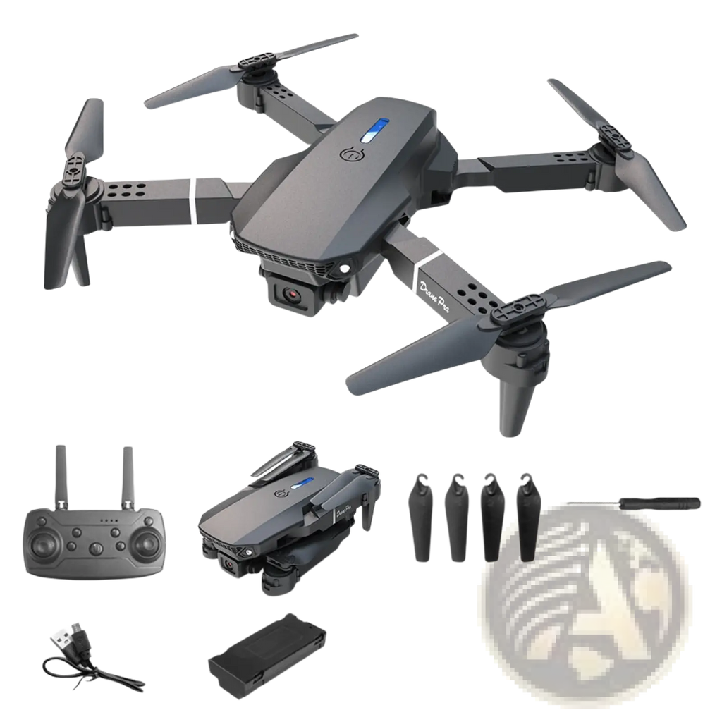 Black foldable E88 Pro dual camera drone with propellers remote control battery pack spare blades and accessories kit
