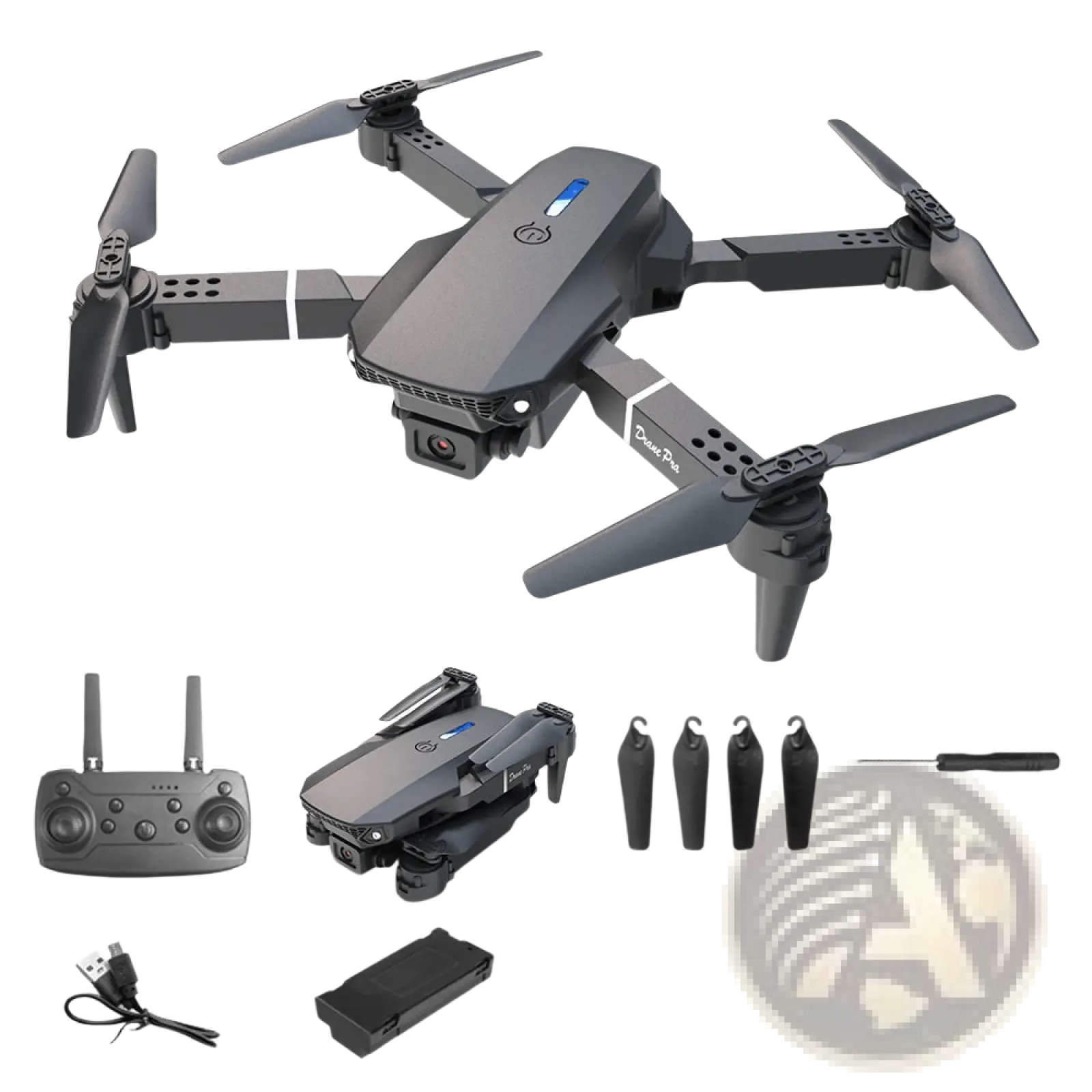 Black foldable E88 Pro dual camera drone with propellers remote control battery pack spare blades and accessories kit
