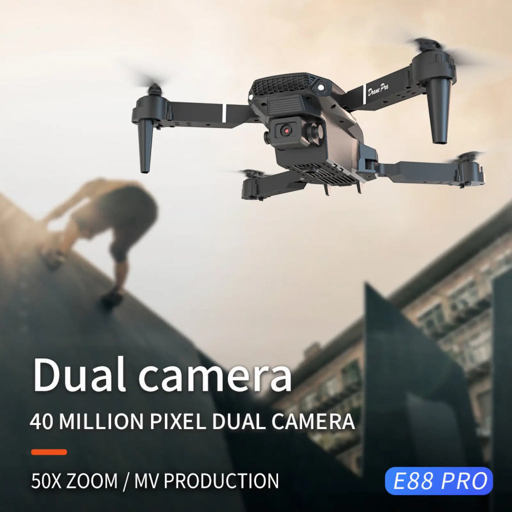 Black foldable e88 pro drone with dual cameras and 40 million pixel sensor shown from the back side with accessories