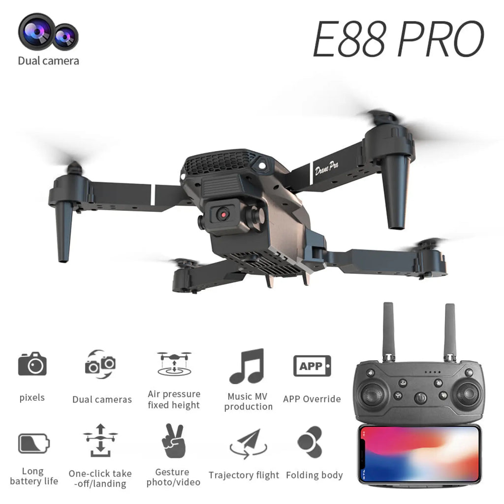 Black e88 pro dual camera foldable drone with a compact folding body design and included accessories