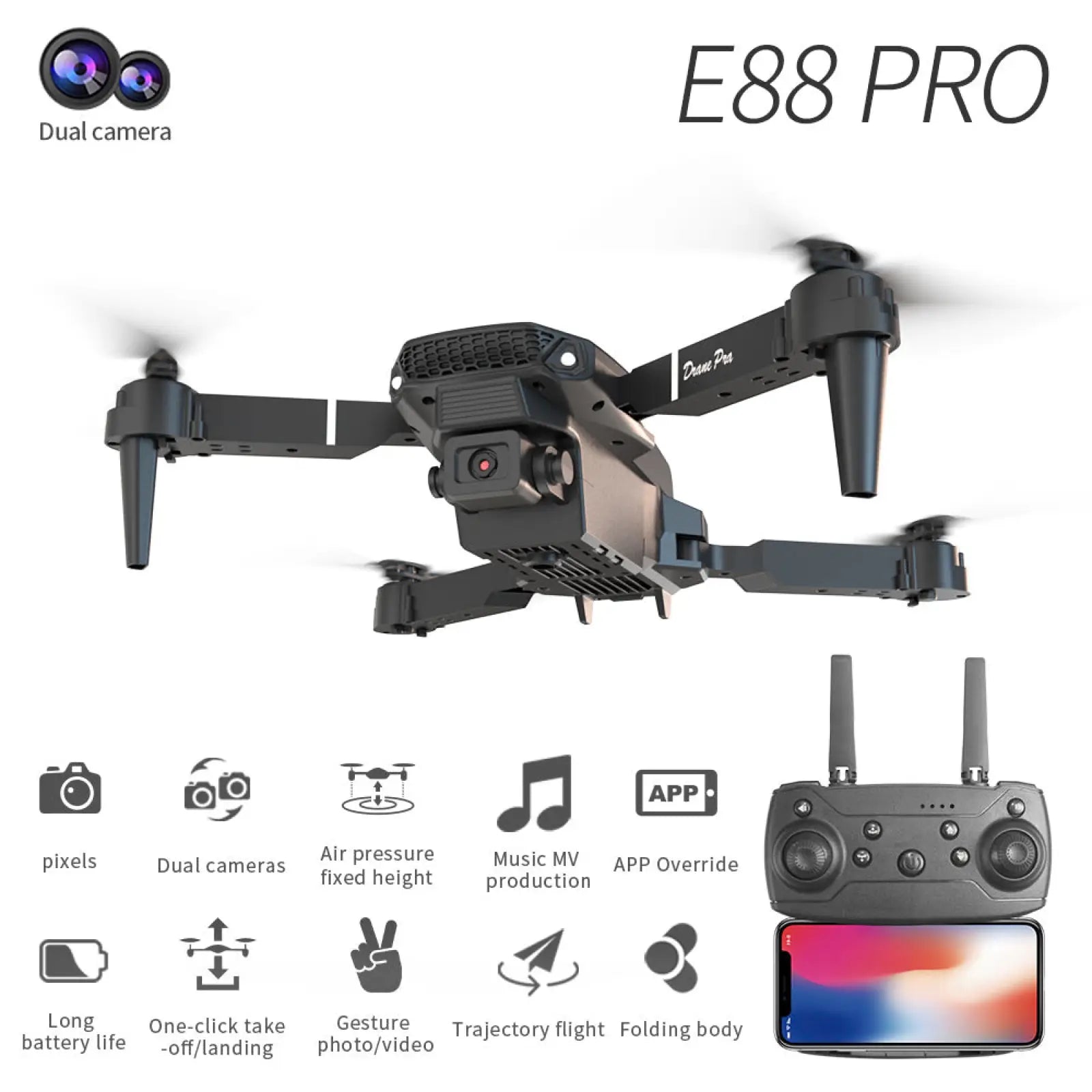 Black e88 pro dual camera foldable drone with a compact folding body design and included accessories