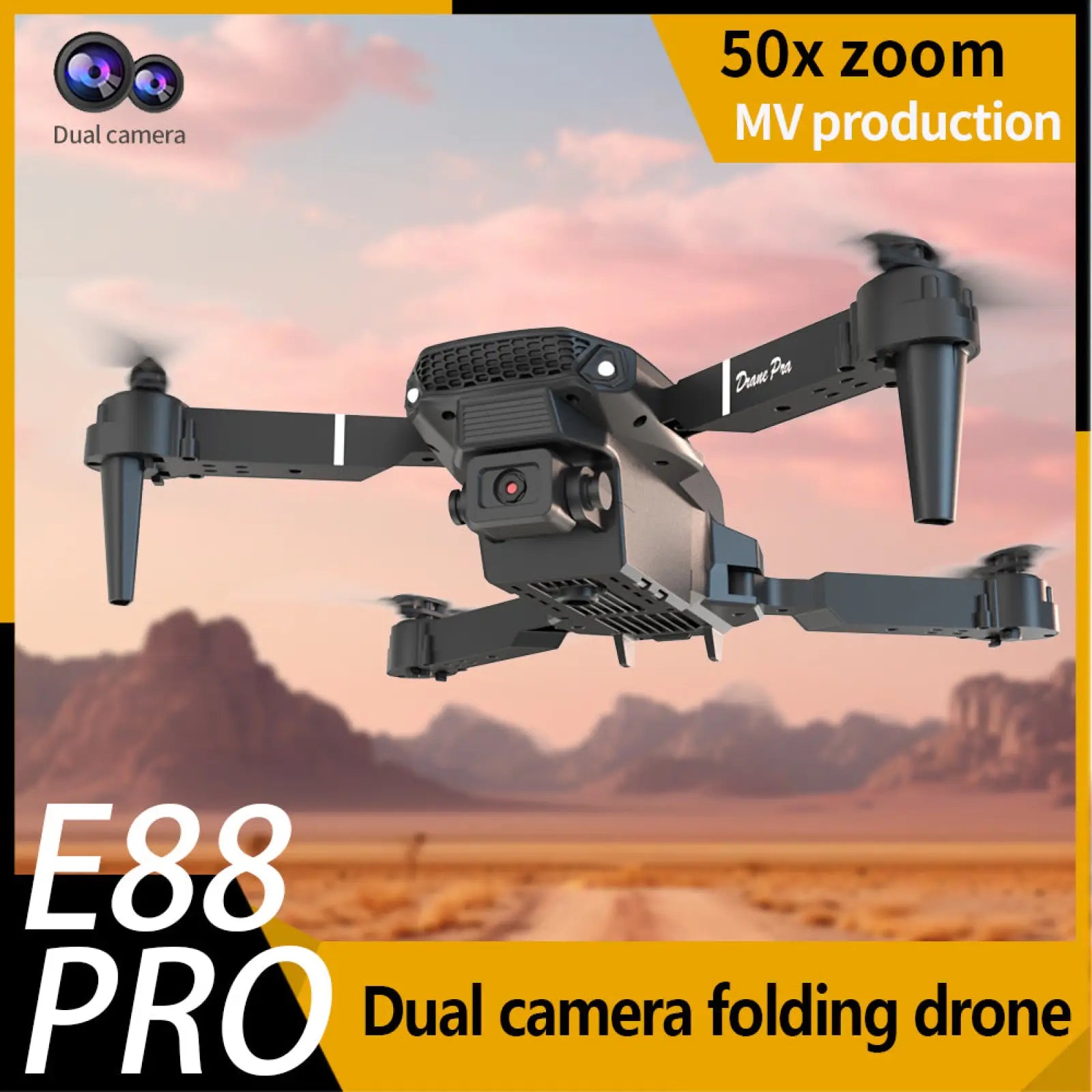 Black e88 pro dual camera foldable drone with 50x zoom capability and accessories shown from the back side