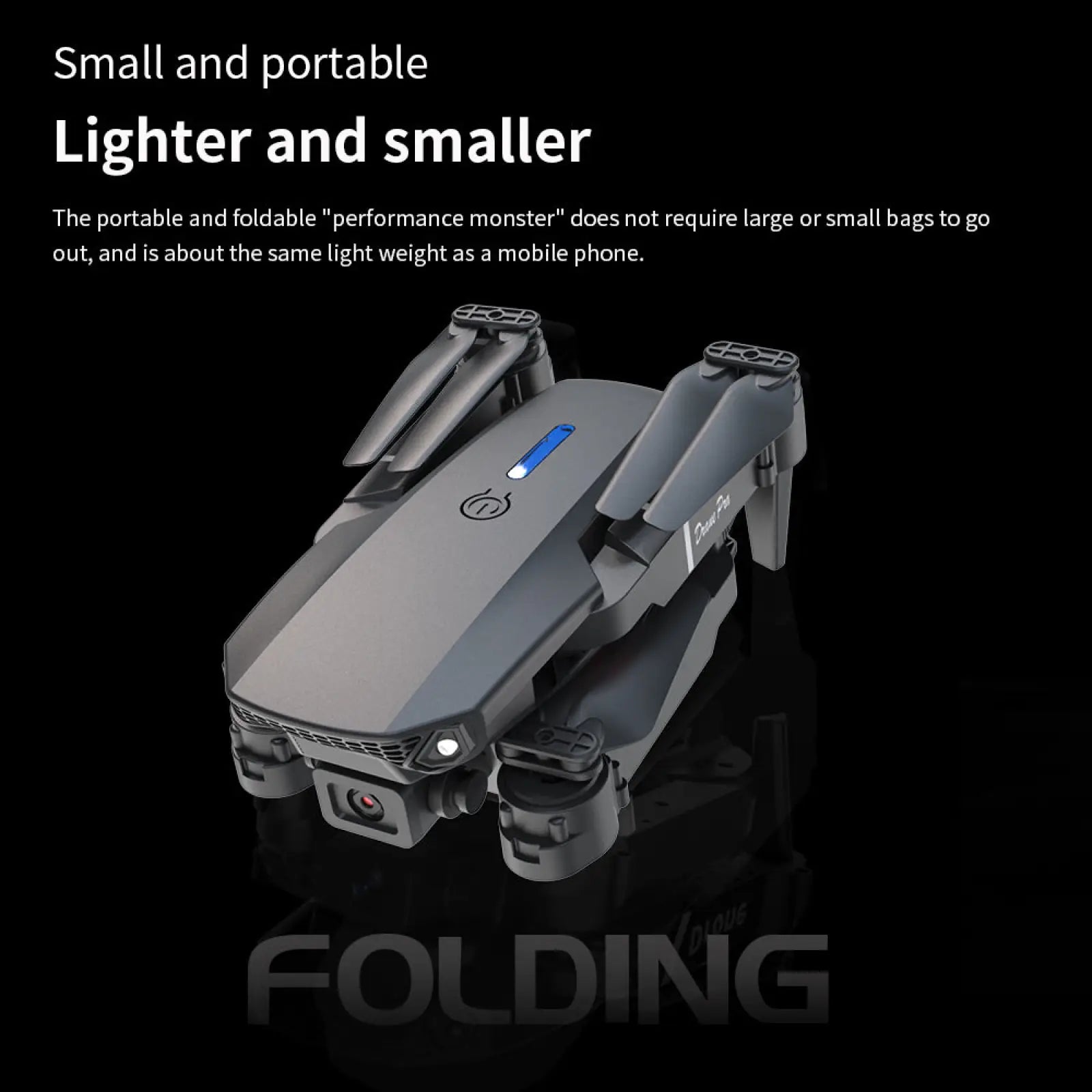 Gray folding drone with sleek compact design and blue led indicator light in e88 pro dual camera foldable drone with accessories