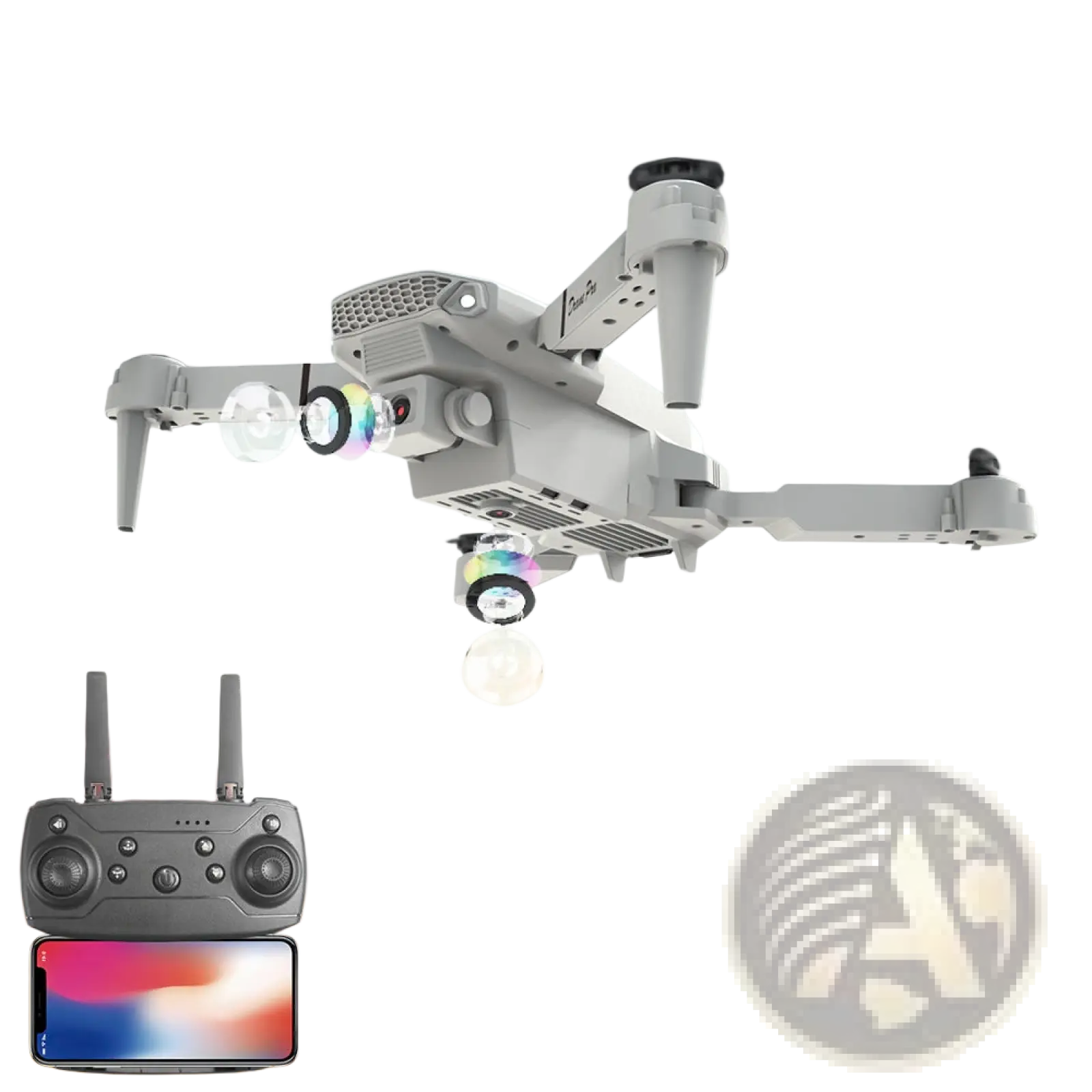 Gray e88 pro dual camera foldable drone with sleek metallic finish and rainbow led lights on its arms