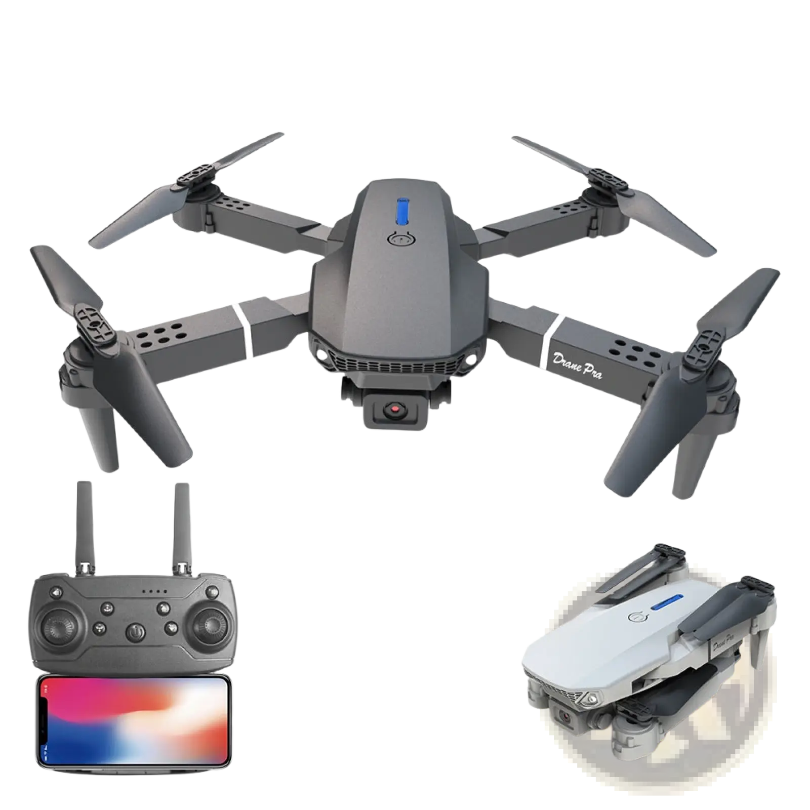 Gray and white foldable E88 Pro dual camera aerial photography drone with sleek design and drone pro branding on its arms
