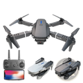 Gray and black foldable E88 Pro dual camera drone with sleek design marked drone pro on its arms shown from backside