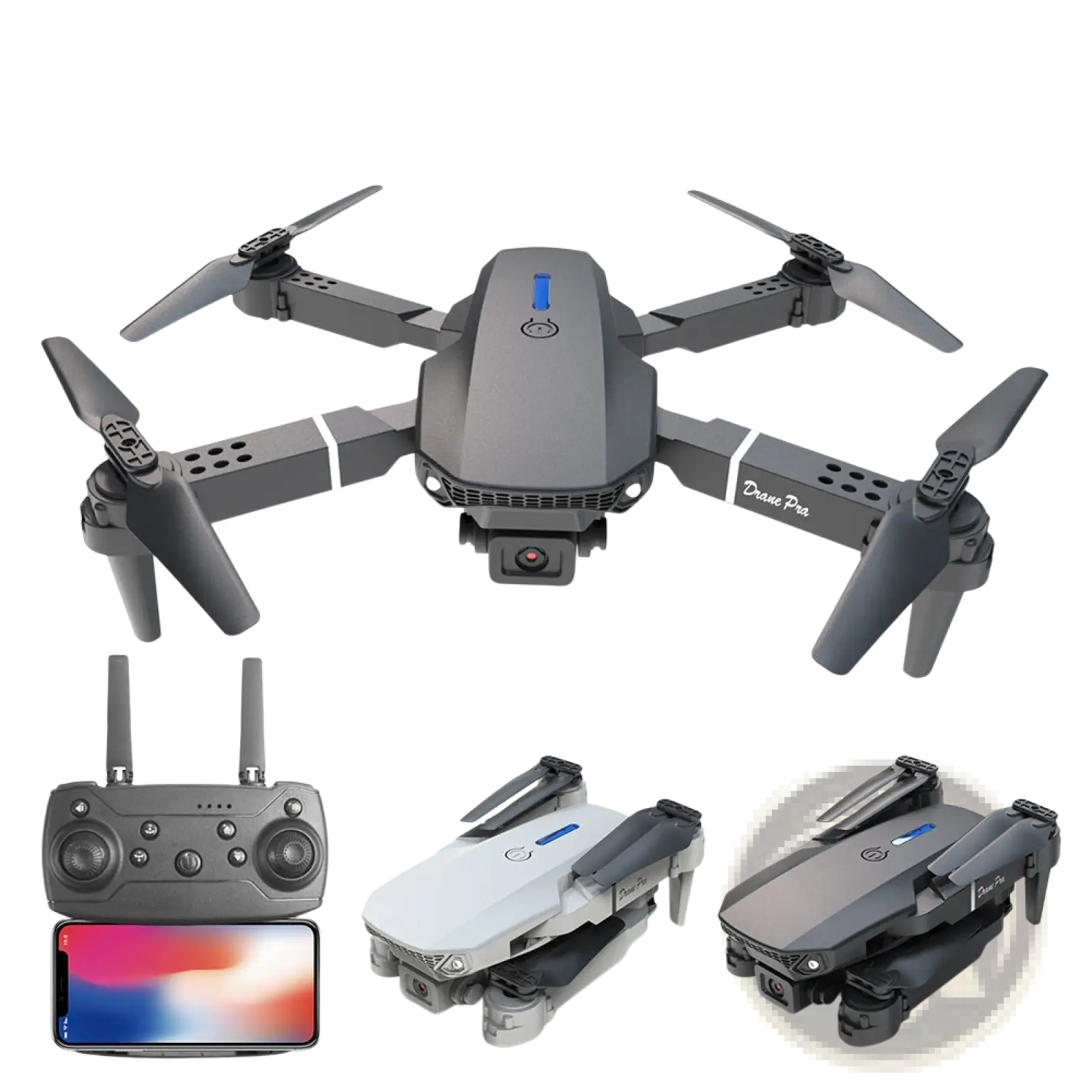 Gray and black foldable E88 Pro dual camera drone with sleek design marked drone pro on its arms shown from backside