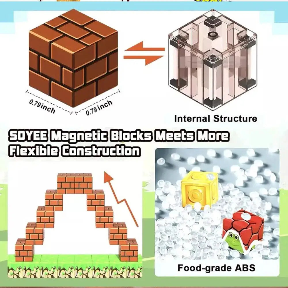 Minecraft magnetic building blocks 100pc educational toy featuring brown brick-shaped blocks made of food-grade ABS plastic for safe creative play.