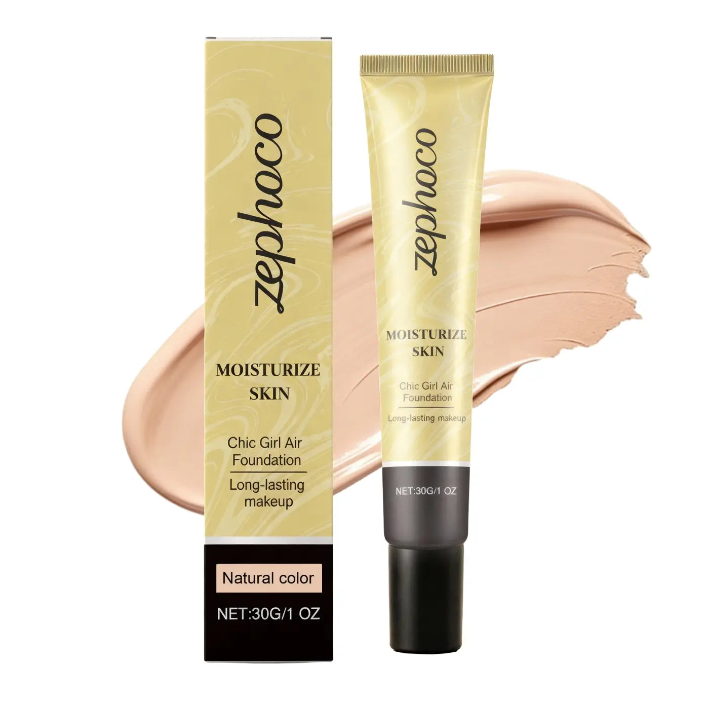 Zephoco flüssige Foundation mit feuchtigkeitsspendender Air-Makeup-Formel, als Concealer in natürlicher Farbgebung, präsentiert in einer eleganten goldfarbenen Tube mit schwarzem Verschluss und passender goldfarbener Verpackung.