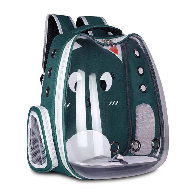Green cat-themed pet carrier backpack with transparent breathable front panel and white accents designed for comfortable pet transportation.