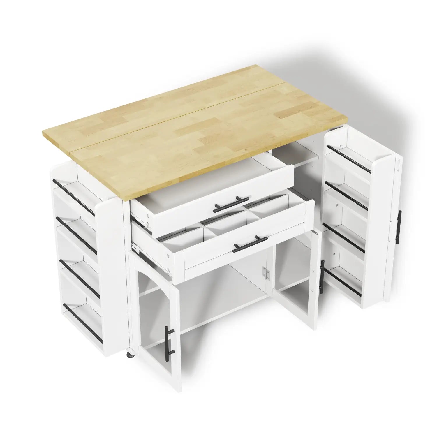 White kitchen cart mobile kitchen island with foldable light wood countertop and black handles on wheels