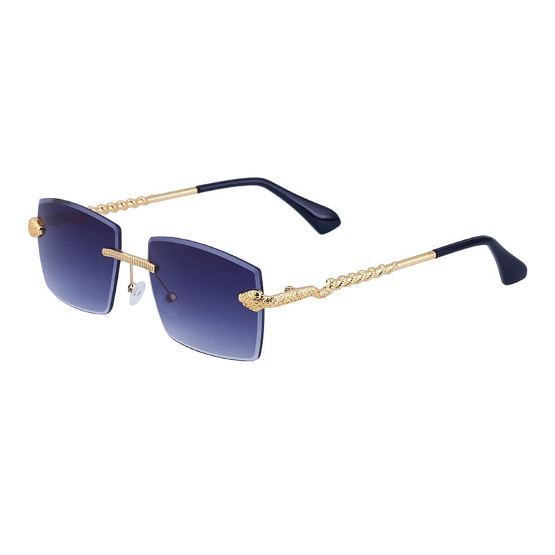 Rimless sunglasses for men feature gold-toned snake embellishments with gradient blue lenses and twisted metal frames offering uv400 protection.