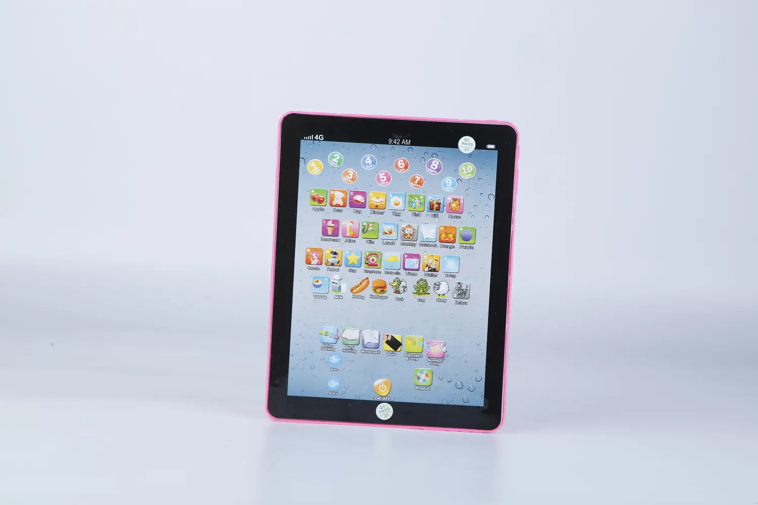 Pink-framed children’s tablet with colorful cartoon app icons designed as a baby learning tablet educational toy for toddlers.