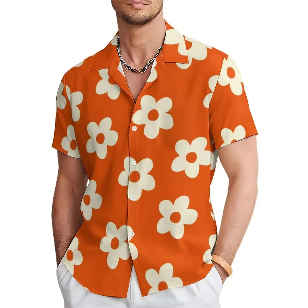 Men’s tropical surfing Bigfoot short sleeve Hawaiian shirt features an orange short-sleeved button-up design with a white daisy pattern.