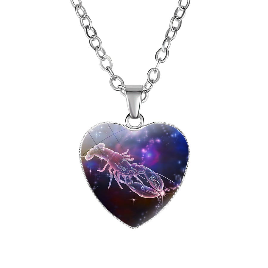 Silver heart-shaped pendant necklace featuring a detailed lobster design against a cosmic background with sparkling stars and nebulae from the Zodiac Celestial Heart Pendant Galaxy Constellation Necklace collection.