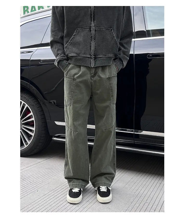 olive green cotton cargo pants for men featuring multiple pockets and a relaxed fit suitable for workwear.