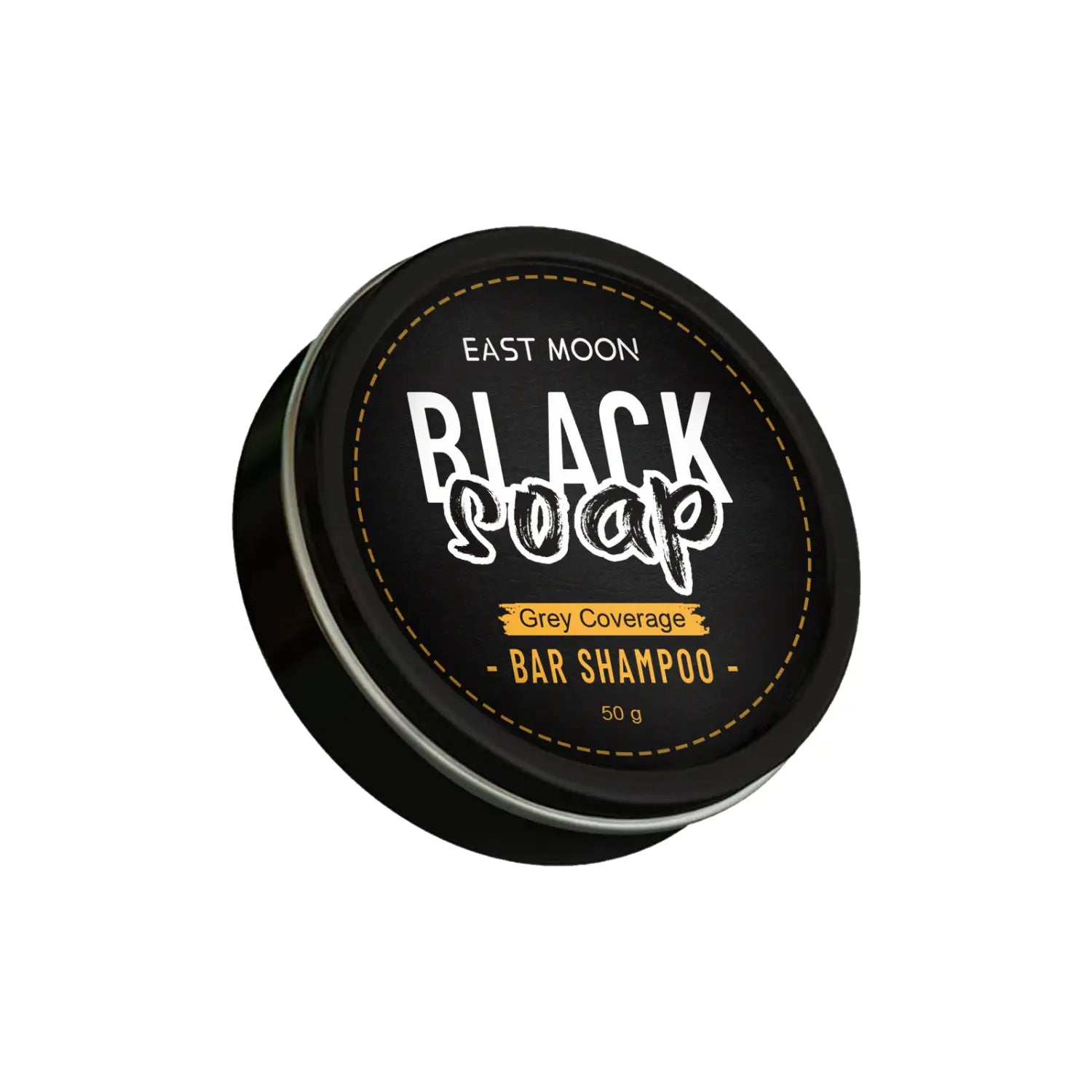 un shampooing en barre de savon noir, dans une boîte circulaire noire élégante avec des surpiqûres dorées et une inscription blanche indiquant shampooing barre de savon noir à couverture gris de East Moon, 50 g, conçu pour la couverture des cheveux gris chez l’homme.