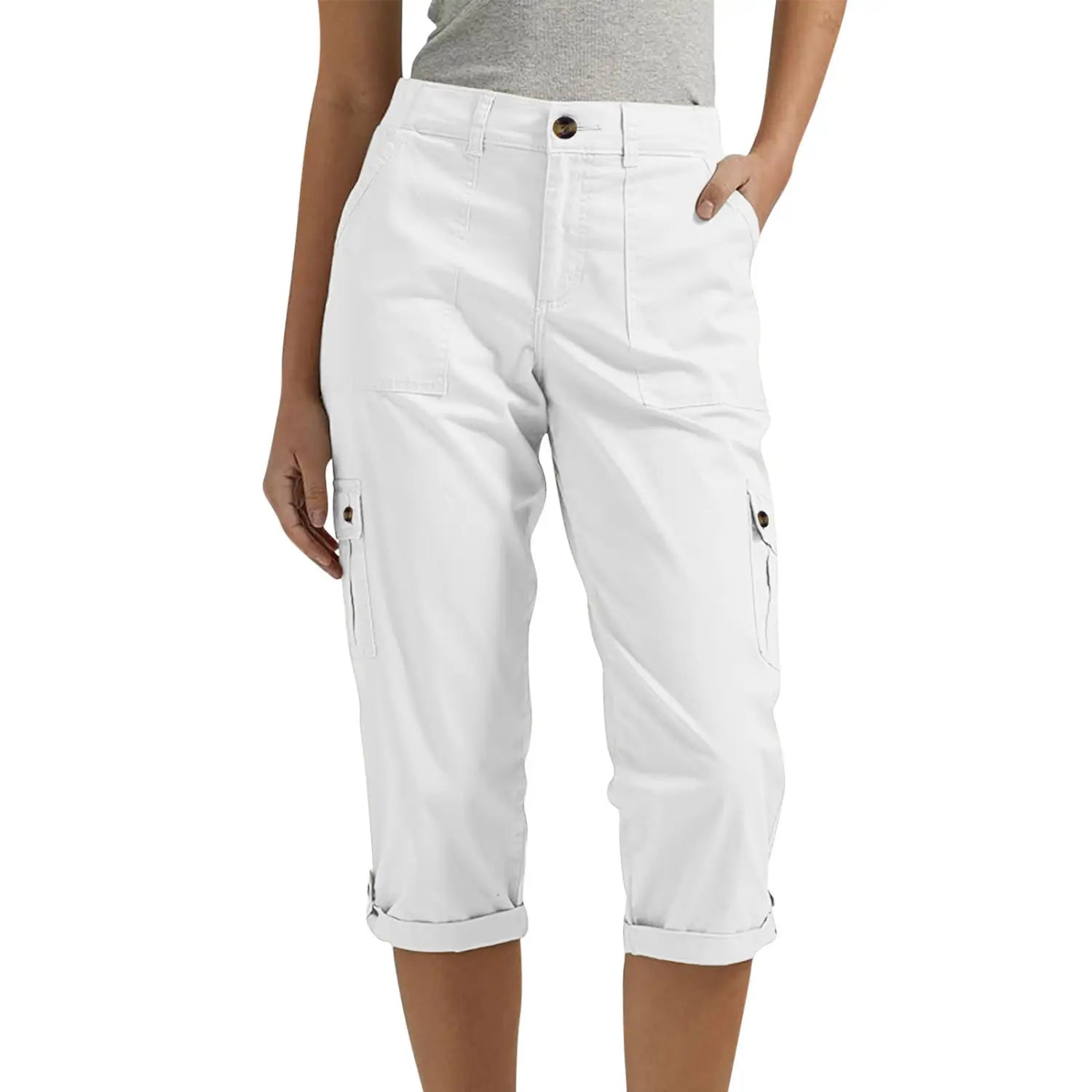 Pantalon capri cargo blanc taille haute pour femmes, pantalons décontractés, avec ourlets retroussés et poches latérales.