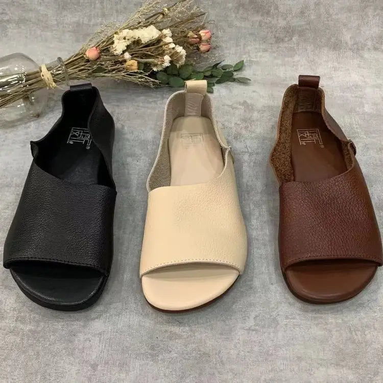 Three pairs of minimalist leather sandals in black beige and brown featuring a retro soft sole and peep toe slip on design.