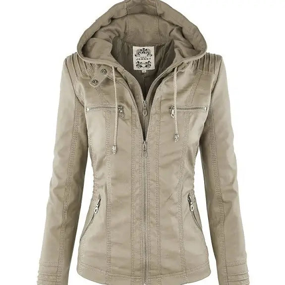 Beige faux leather moto jacket with detachable hood silver zippers and stitched detailing.