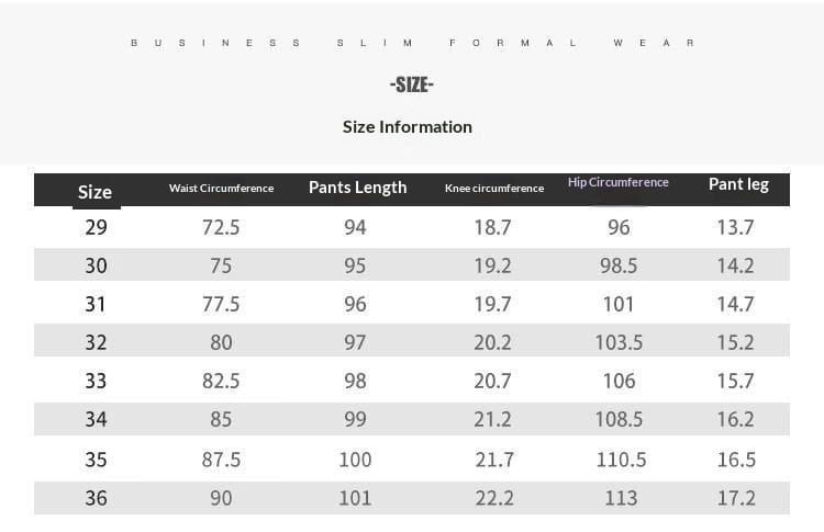 Business slim formal wear size chart for Korean style slim fit men trousers displaying measurements for sizes 29 through 36.