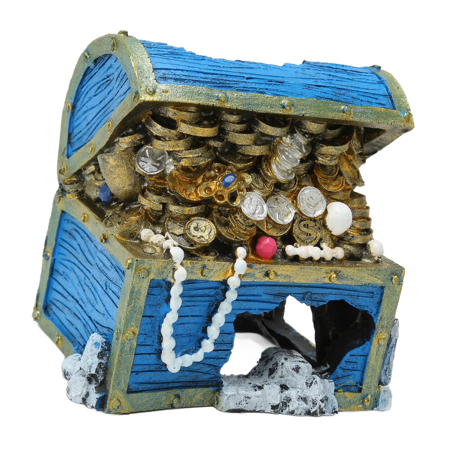 Cofre del tesoro de acuario de resina, escondite para tanque de peces, azul