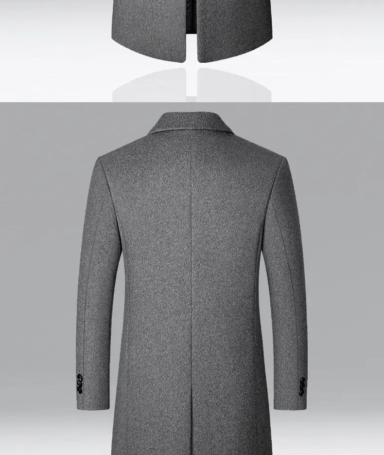 A sleek charcoal gray mens wool overcoat with a classic notched collar and subtle texture designed as a warm winter jacket.