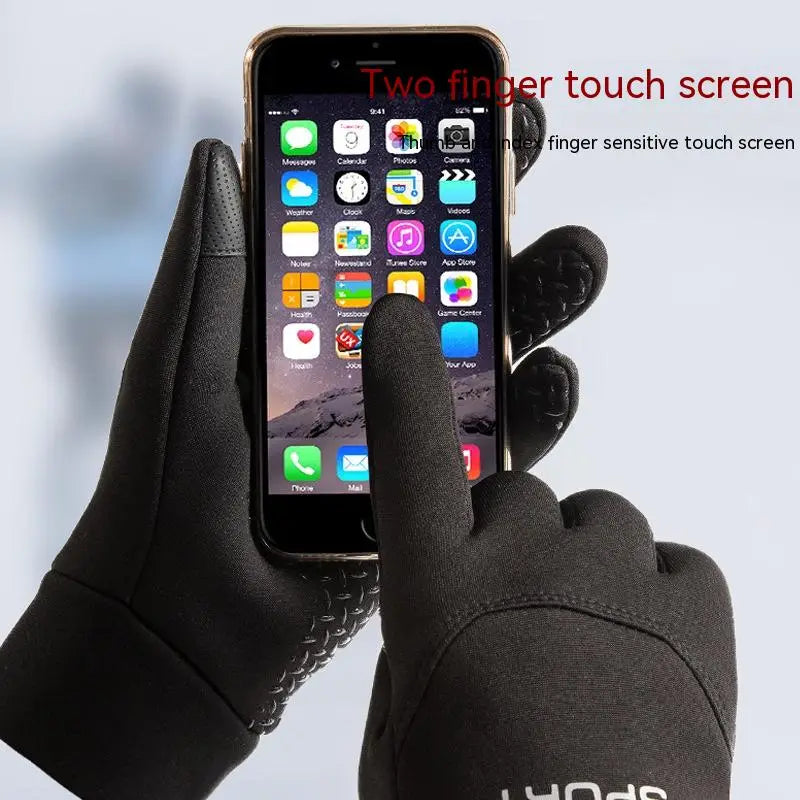 Gants thermiques à écran tactile étanches noirs avec des extrémités des doigts texturées et des zones du dessus du poignet renforcées, présentés depuis le côté arrière